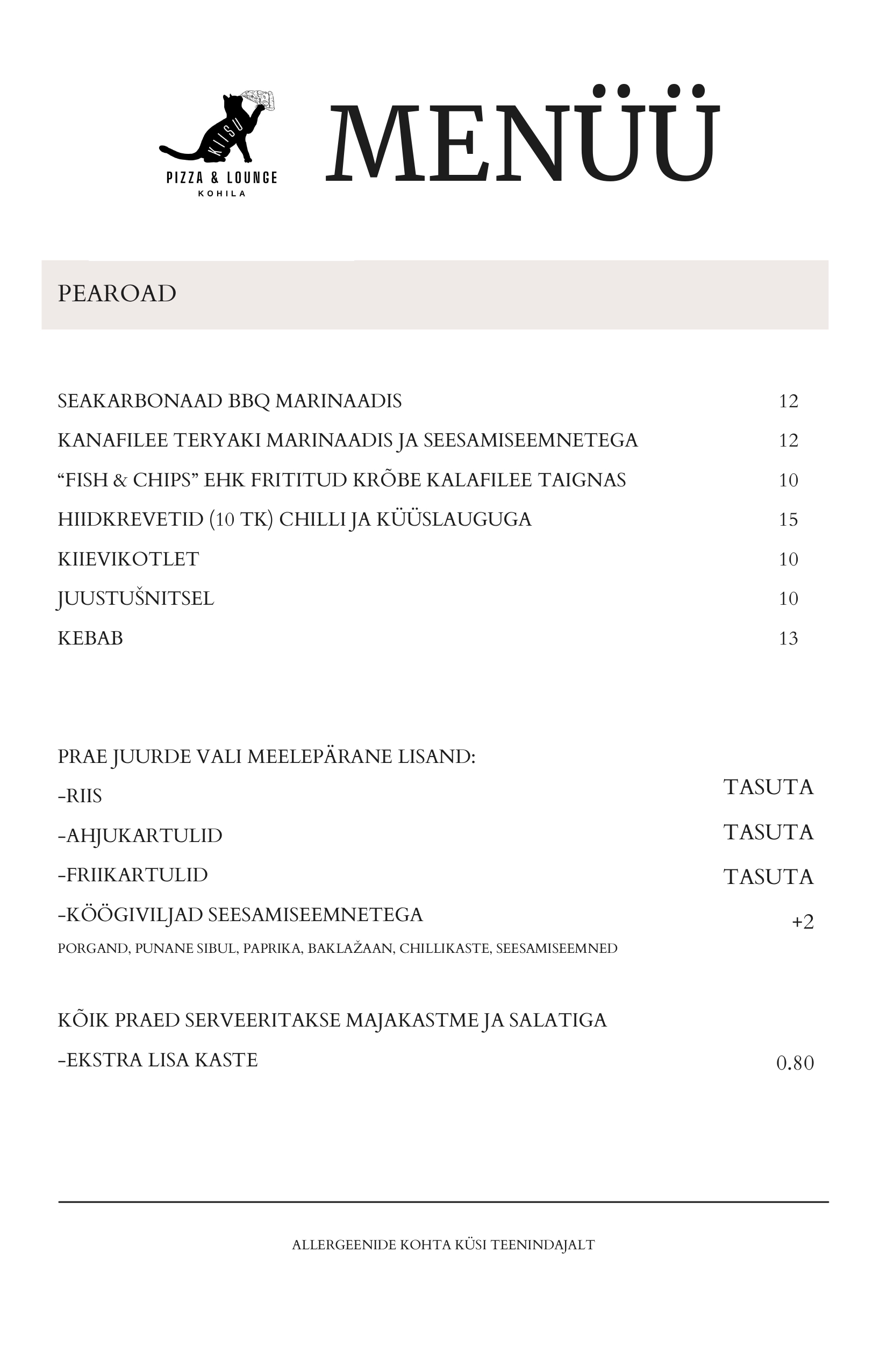 kiisu pizza ja lounge kohila menüü