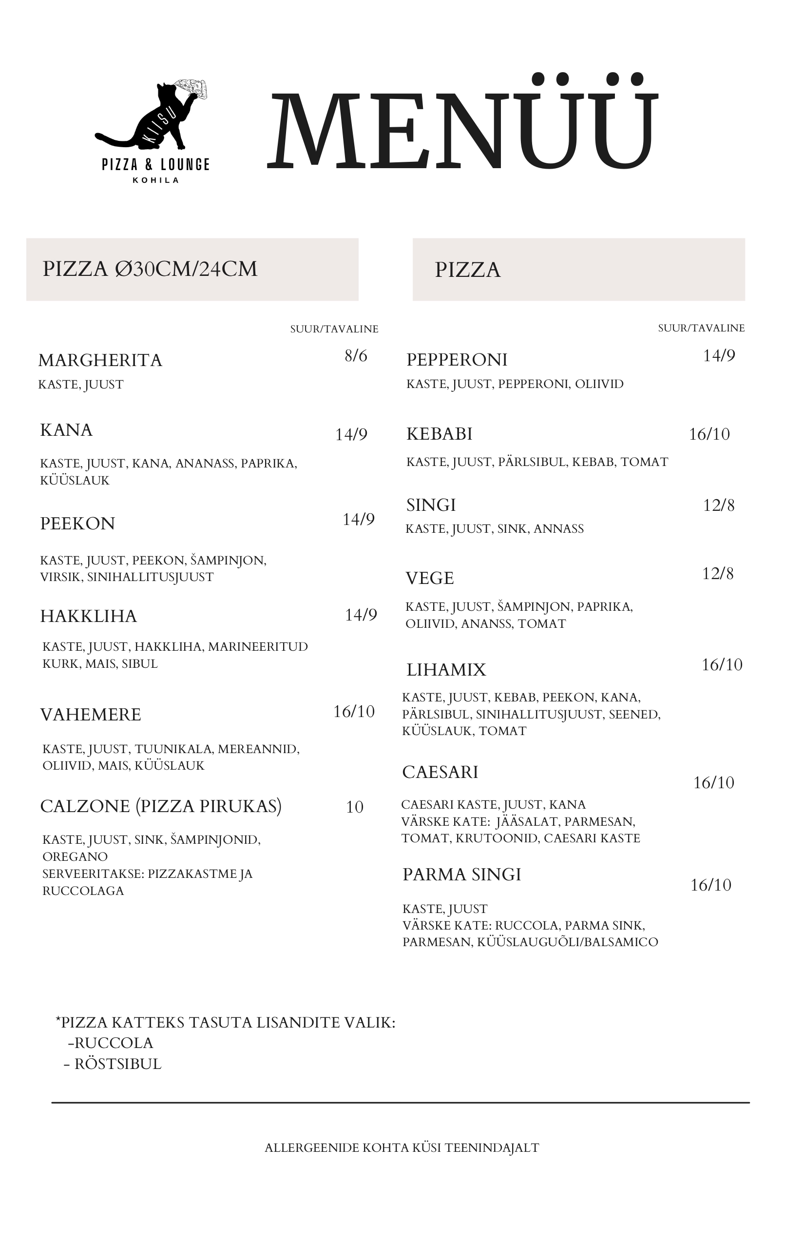 Kiisu pizza ja lounge menüü