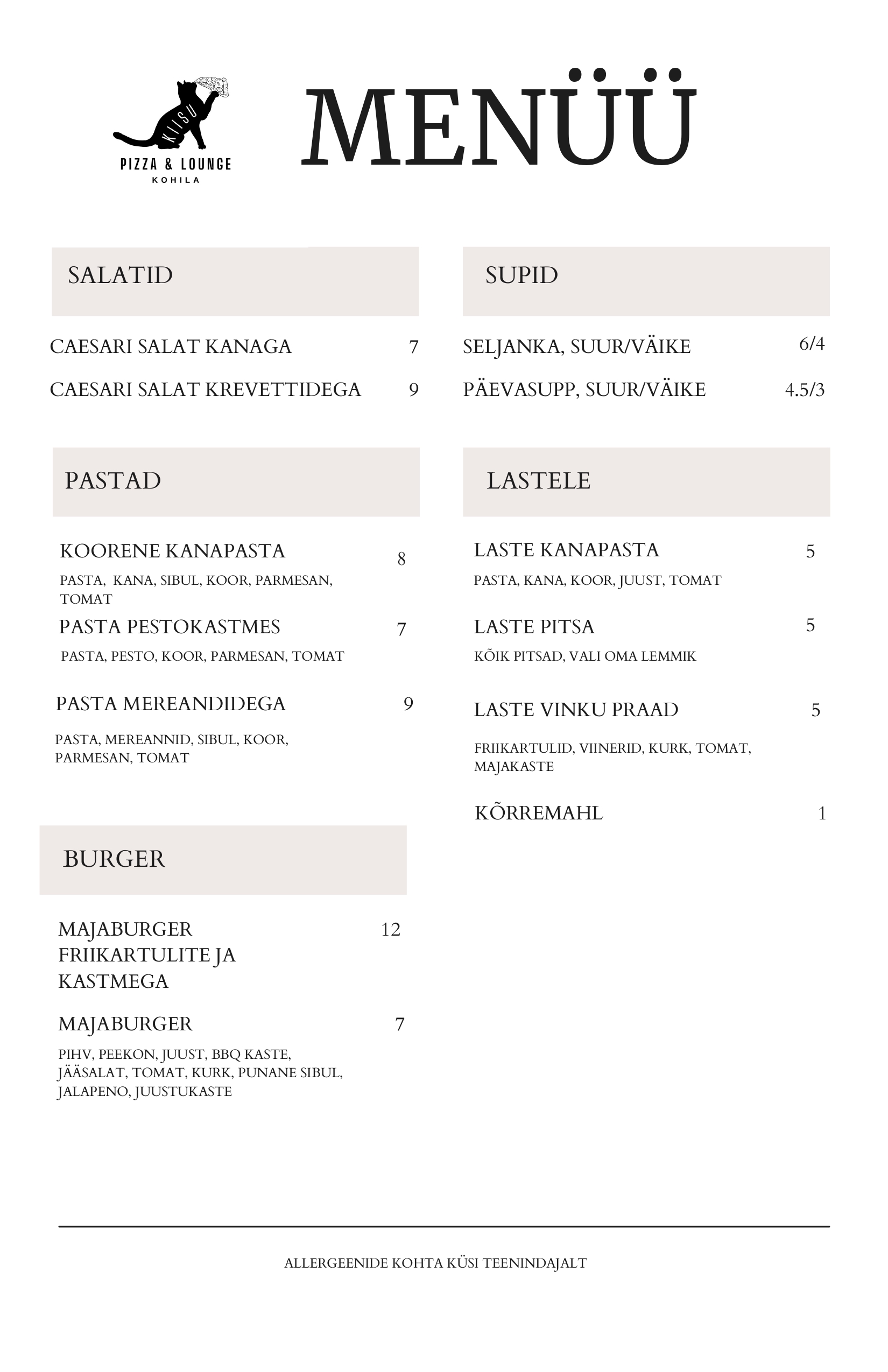 Kiisu pizza ja lounge menüü